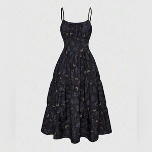Elegant Black Dress with Moon and Leaf Design